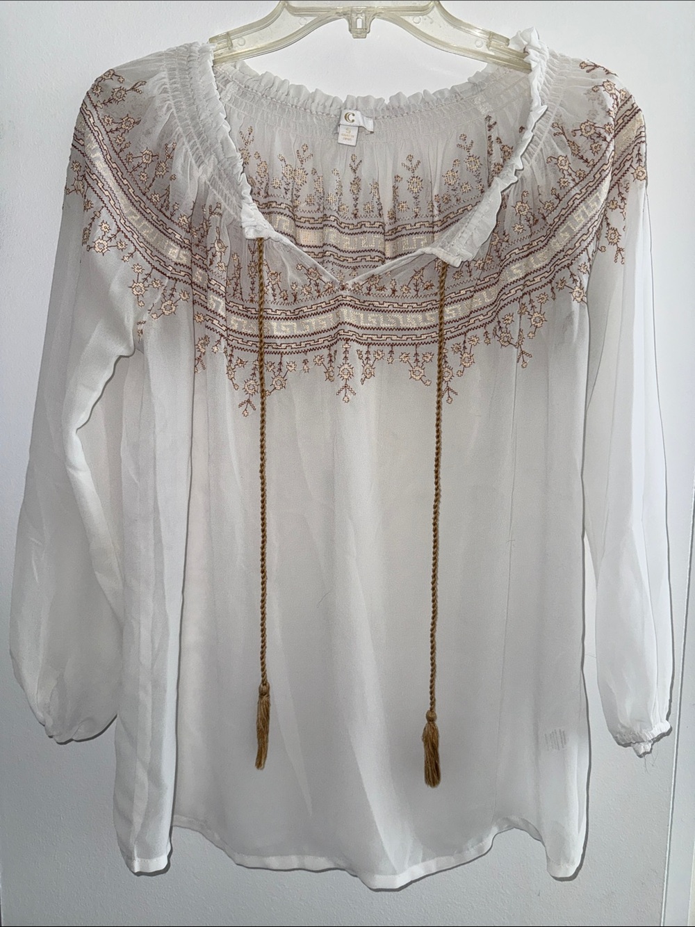 Boho Embroidered Sheer Peasant Blouse with Tassel Ties